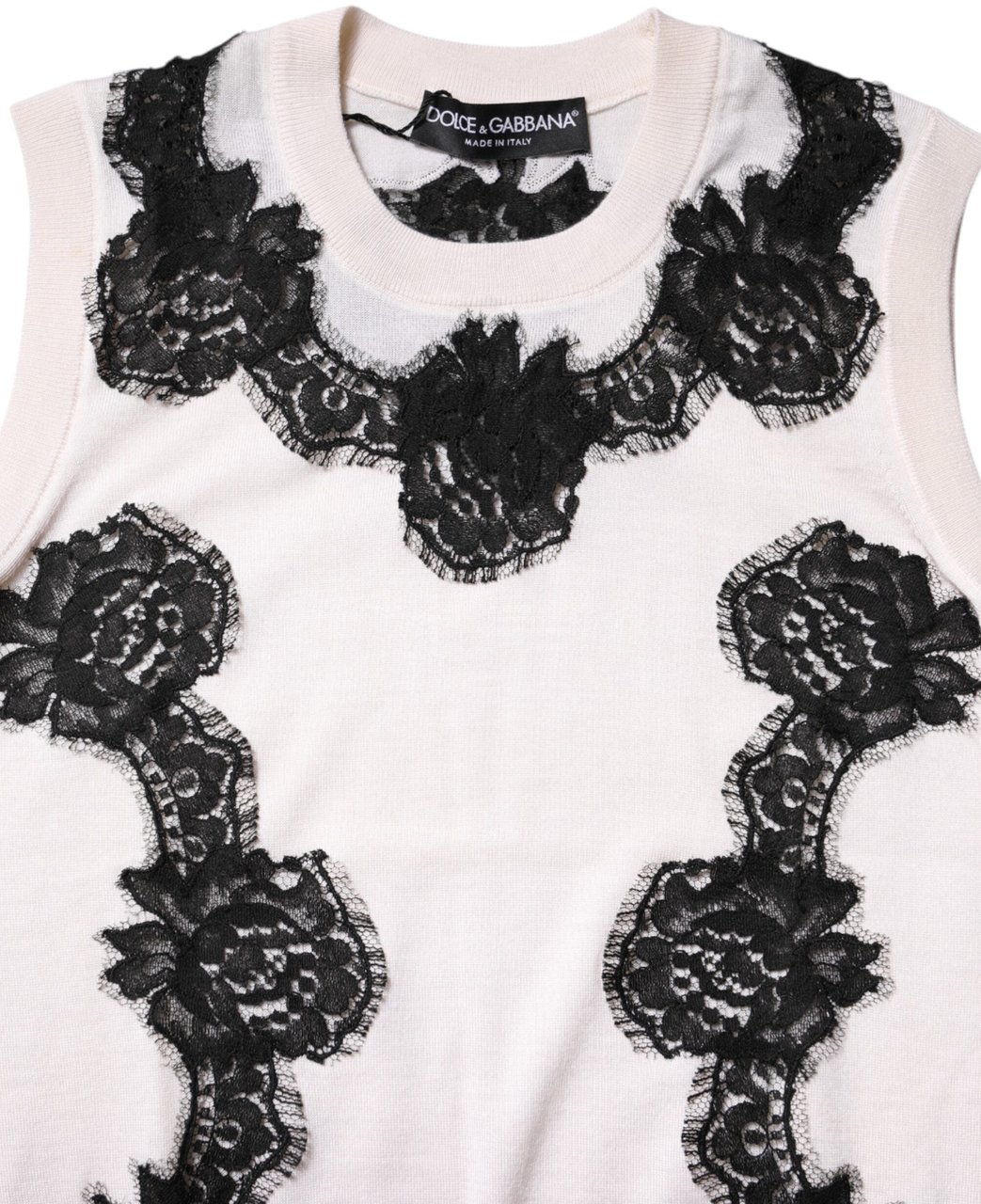 Dolce & Gabbana White Cashmere Floral Lace Detailing Tank Top Divers