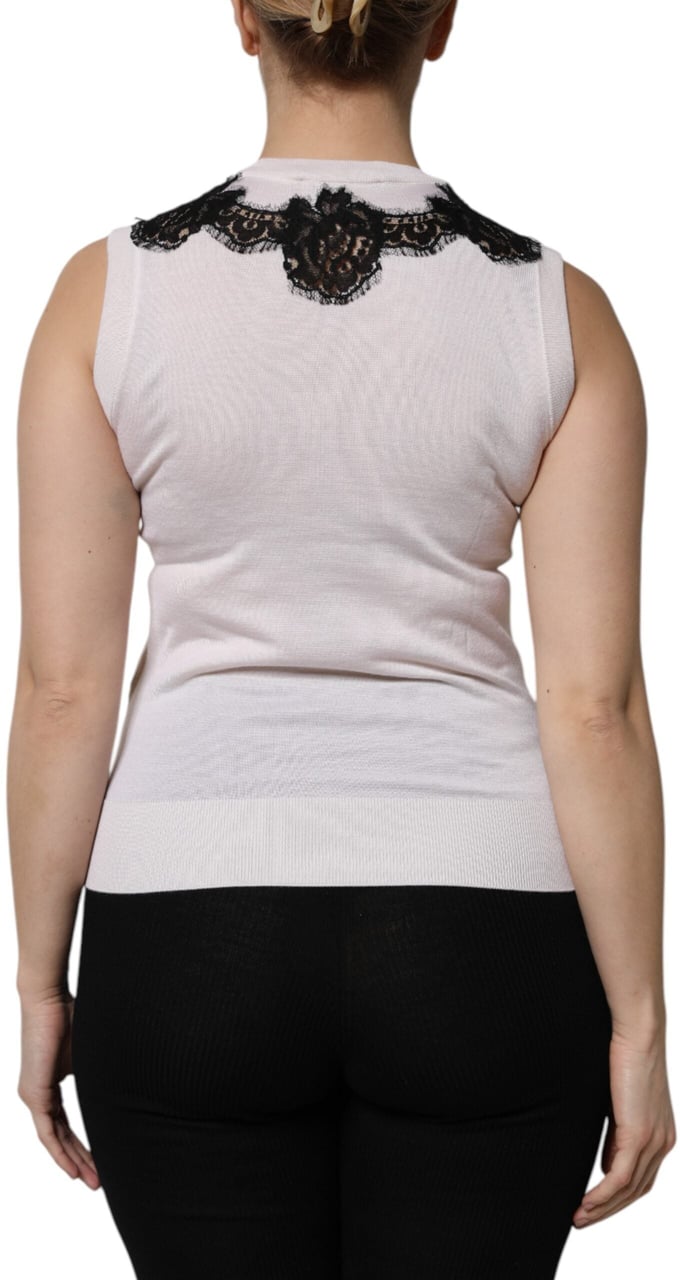Dolce & Gabbana White Cashmere Floral Lace Detailing Tank Top Divers
