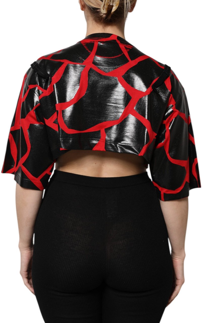 Dolce & Gabbana Red Black Cotton Bustier Detailing Cropped Top Zwart