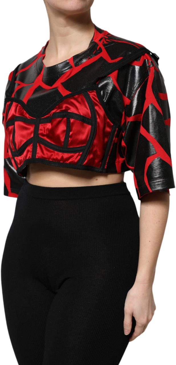 Dolce & Gabbana Red Black Cotton Bustier Detailing Cropped Top Zwart