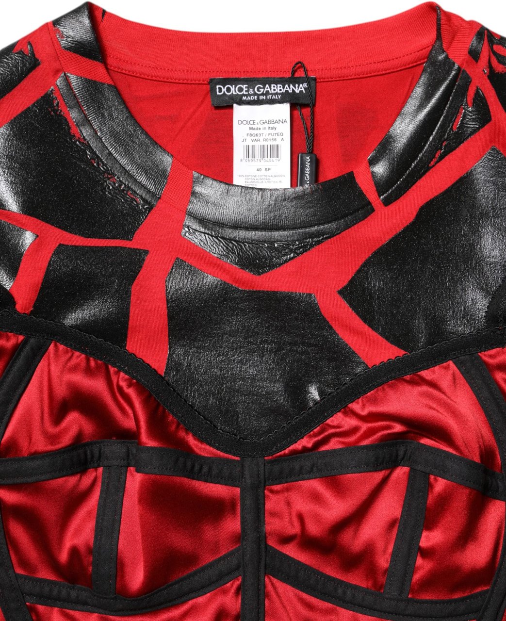 Dolce & Gabbana Red Black Cotton Bustier Detailing Cropped Top Zwart