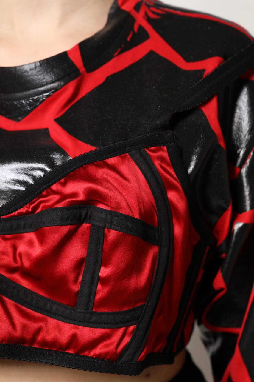 Dolce & Gabbana Red Black Cotton Bustier Detailing Cropped Top Zwart