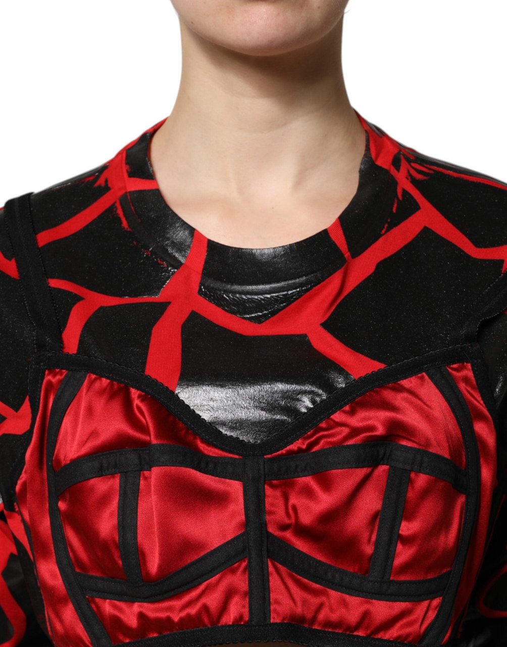 Dolce & Gabbana Red Black Cotton Bustier Detailing Cropped Top Zwart