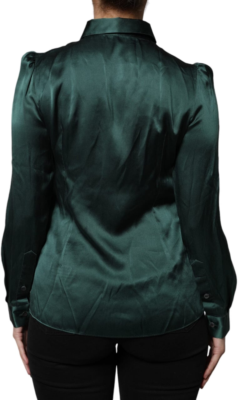 Dolce & Gabbana Dark Green Silk Button Down Long Sleeves Blouse Top Blauw