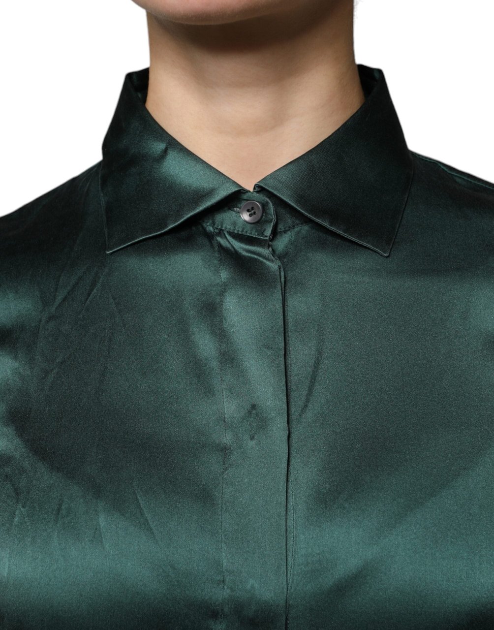 Dolce & Gabbana Dark Green Silk Button Down Long Sleeves Blouse Top Blauw