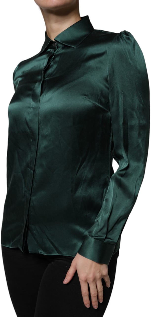 Dolce & Gabbana Dark Green Silk Button Down Long Sleeves Blouse Top Blauw