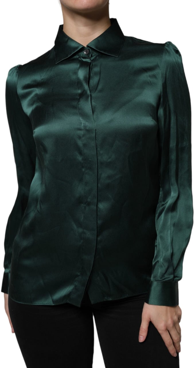 Dolce & Gabbana Dark Green Silk Button Down Long Sleeves Blouse Top Blauw