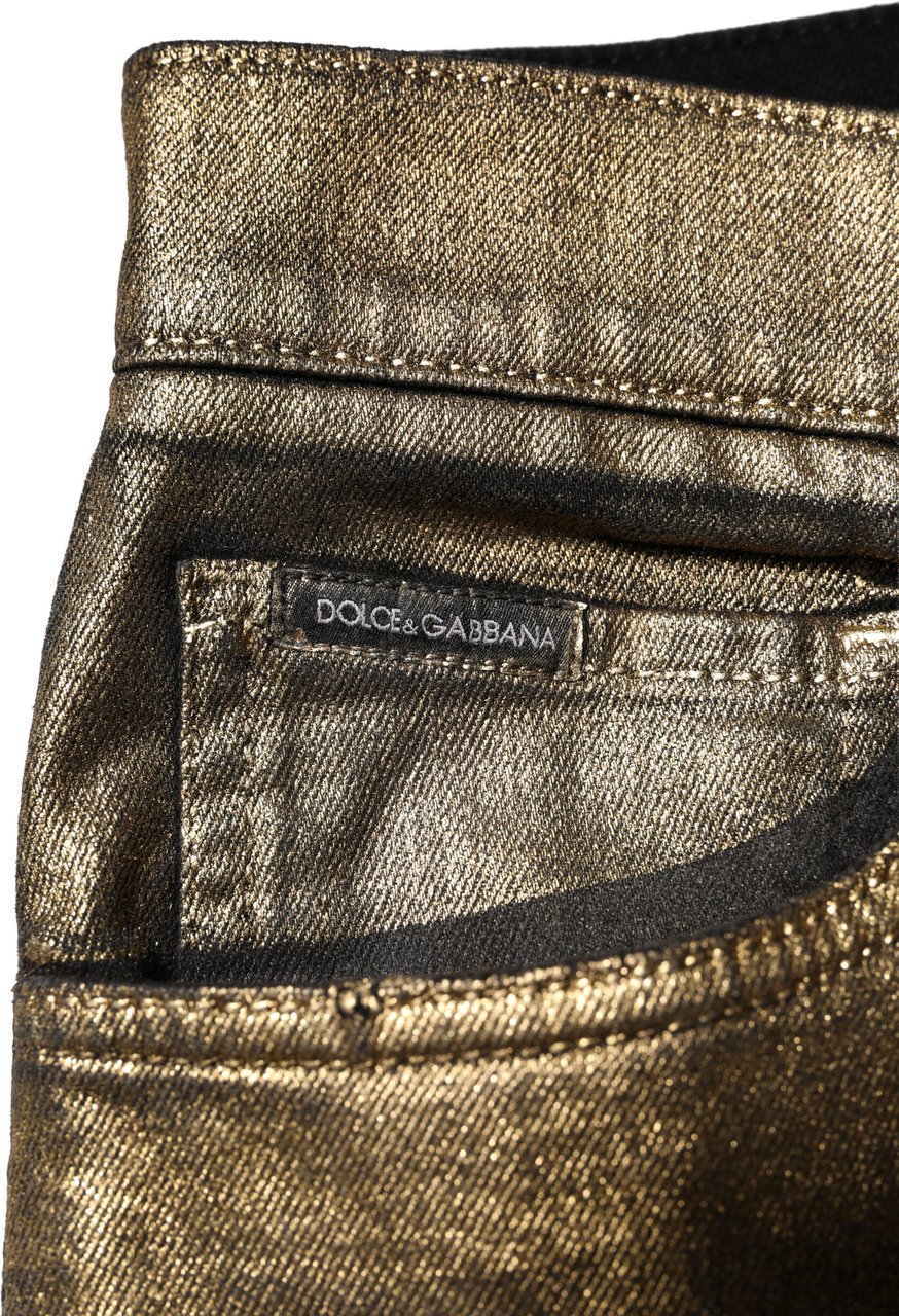 Dolce & Gabbana Gold Tattered Cotton Stretch Slim Denim Jeans Goud