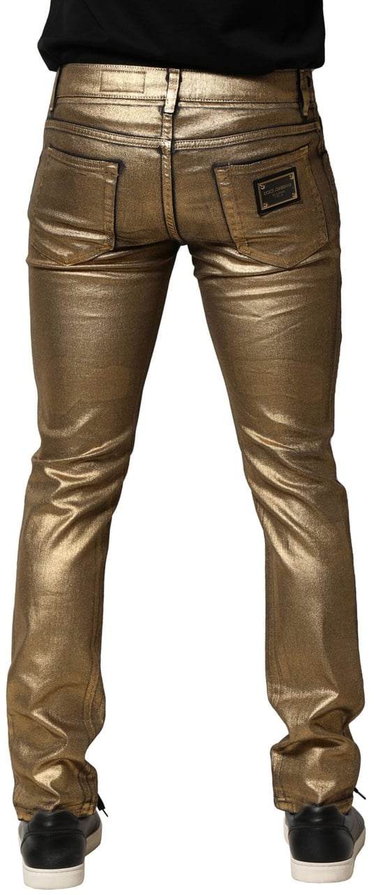 Dolce & Gabbana Gold Tattered Cotton Stretch Slim Denim Jeans Goud