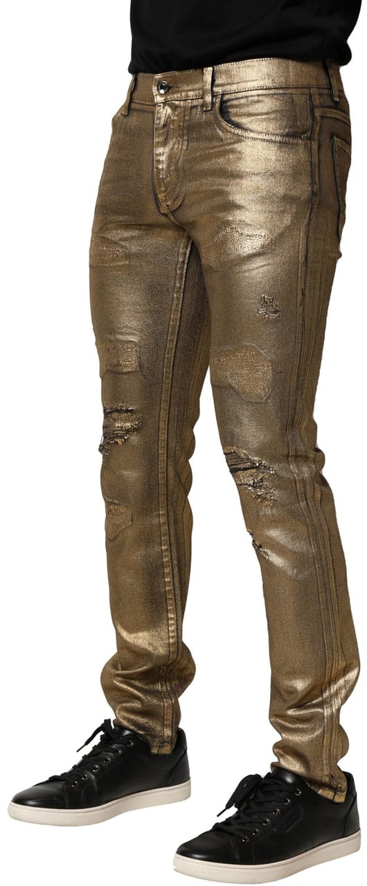 Dolce & Gabbana Gold Tattered Cotton Stretch Slim Denim Jeans Goud
