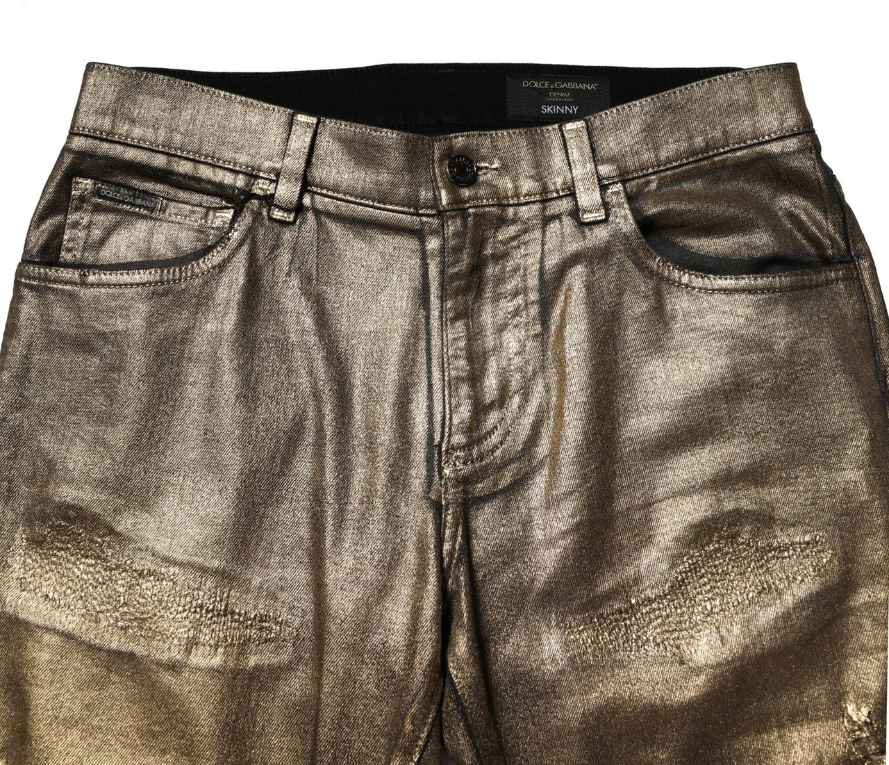 Dolce & Gabbana Gold Tattered Cotton Stretch Slim Denim Jeans Goud