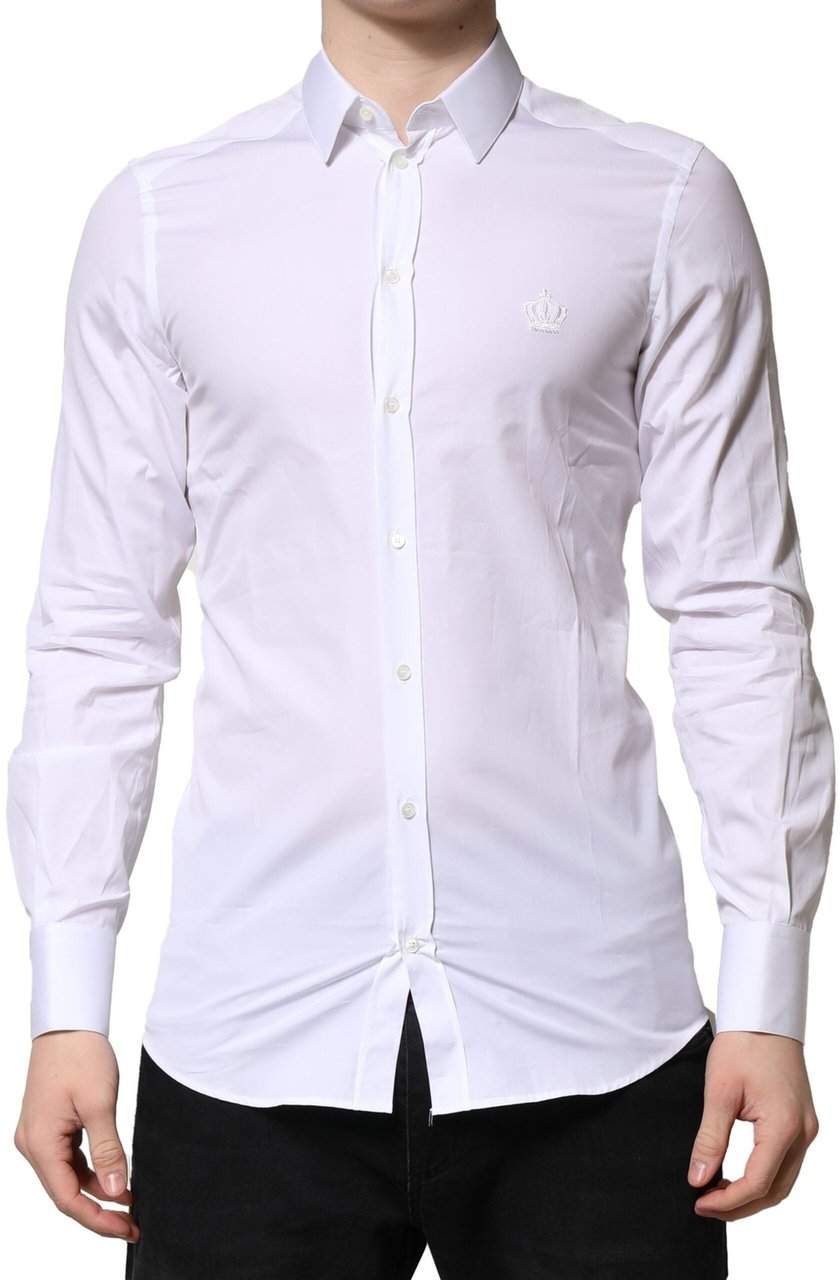 Dolce & Gabbana White GOLD Crown Cotton Dress Formal Shirt Wit