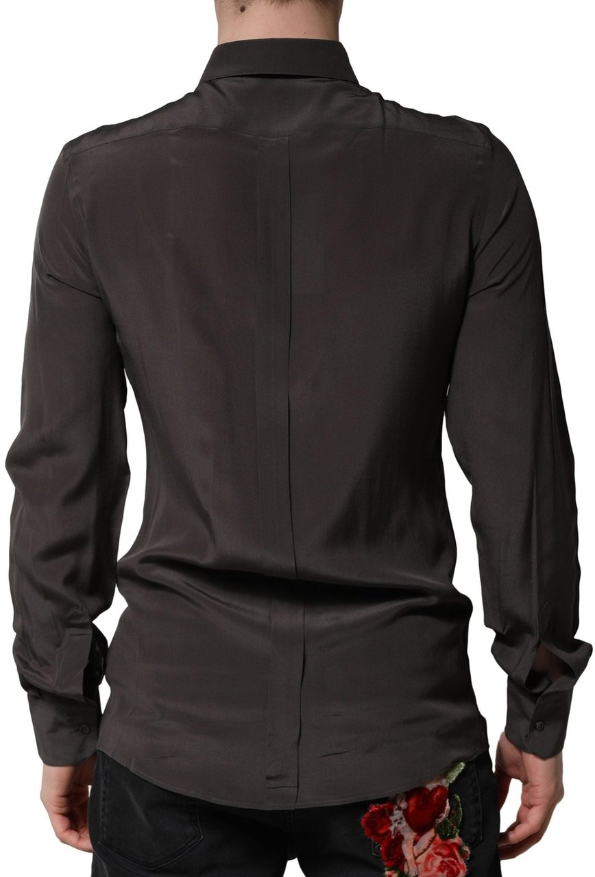 Dolce & Gabbana Dark Brown Silk GOLD Men Dress Formal Shirt Zwart