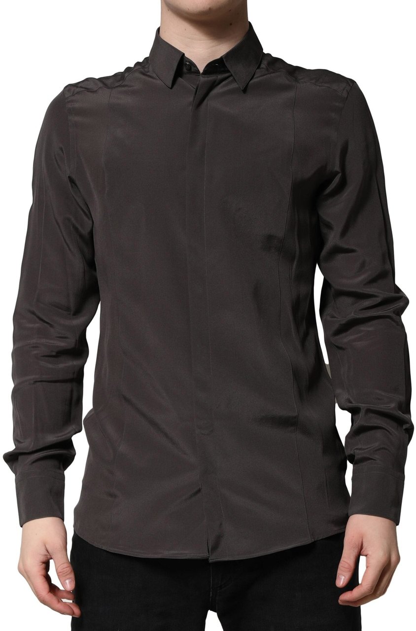 Dolce & Gabbana Dark Brown Silk GOLD Men Dress Formal Shirt Zwart