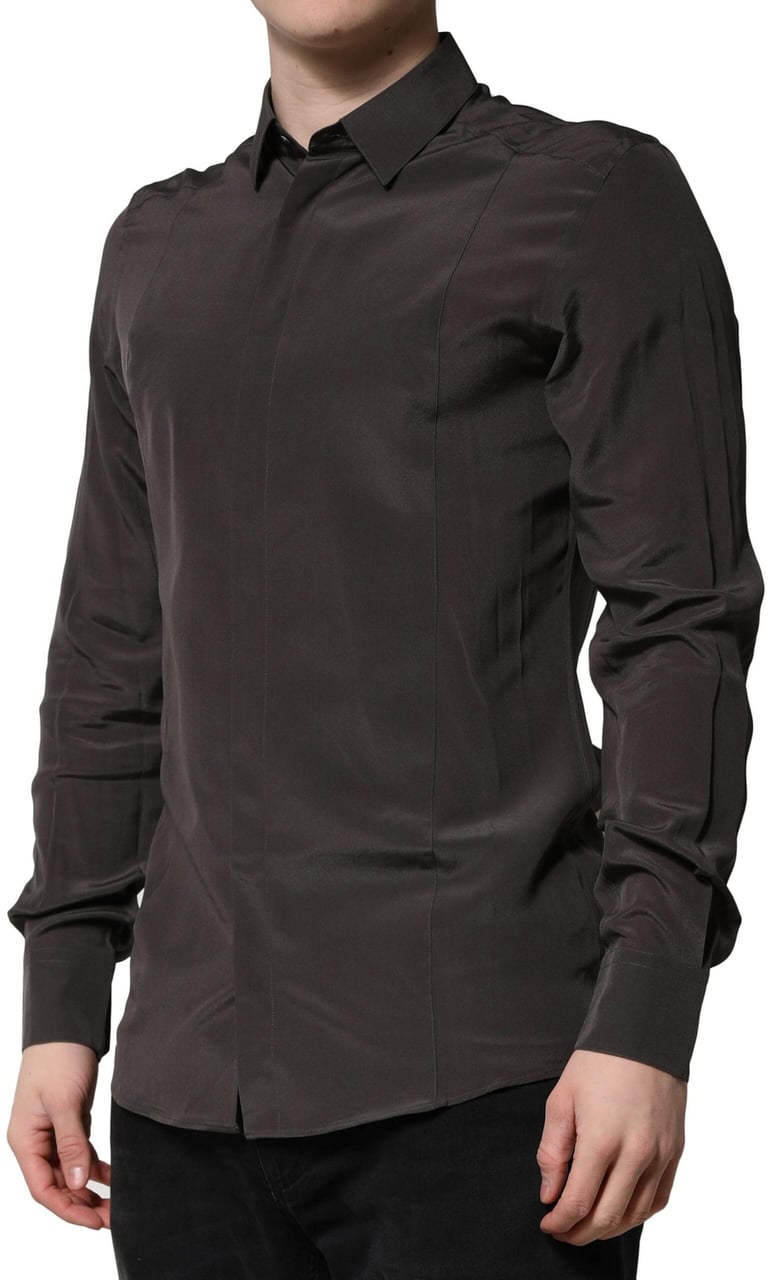 Dolce & Gabbana Dark Brown Silk GOLD Men Dress Formal Shirt Zwart