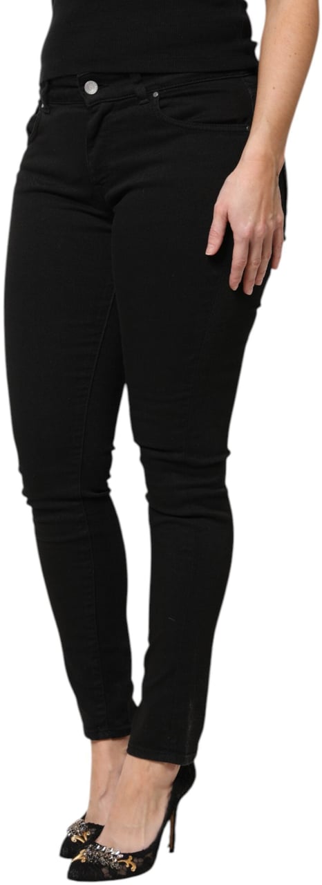 Dolce & Gabbana Black Cotton Logo Mid Waist Skinny Denim Jeans Zwart