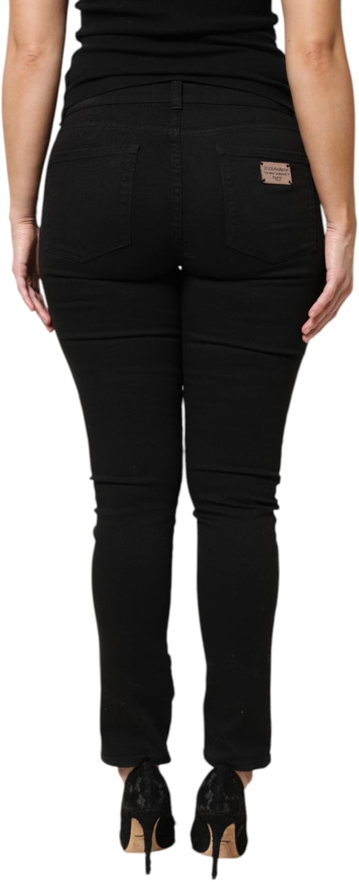Dolce & Gabbana Black Cotton Logo Mid Waist Skinny Denim Jeans Zwart