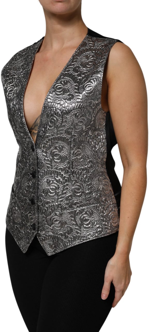 Dolce & Gabbana Silver Floral Jacquard Sleeveless Vest Top Grijs
