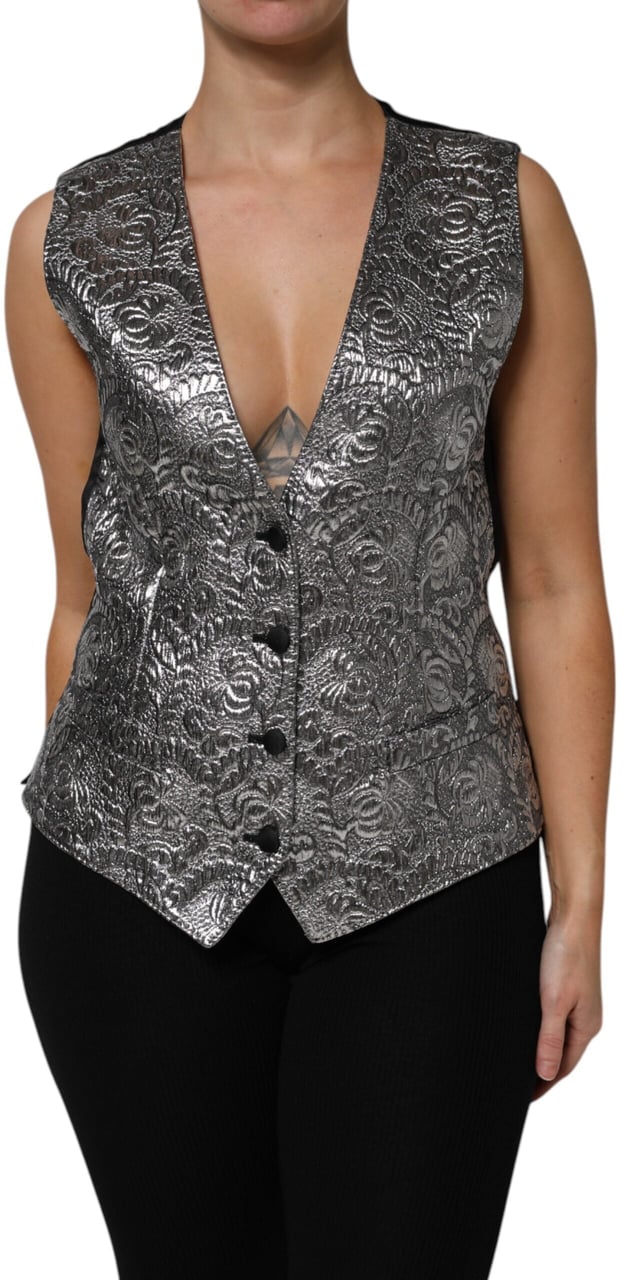Dolce & Gabbana Silver Floral Jacquard Sleeveless Vest Top Grijs
