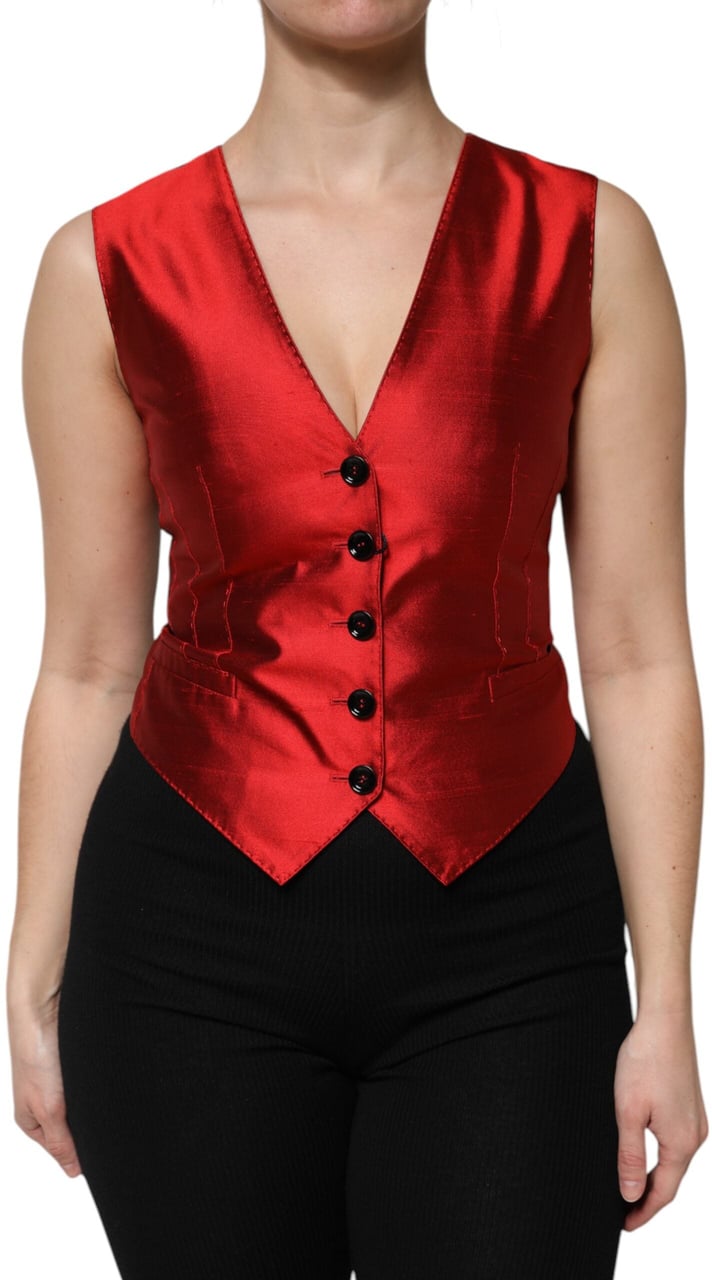 Dolce & Gabbana Red Black Button Down Sleeveless Vest Top Divers
