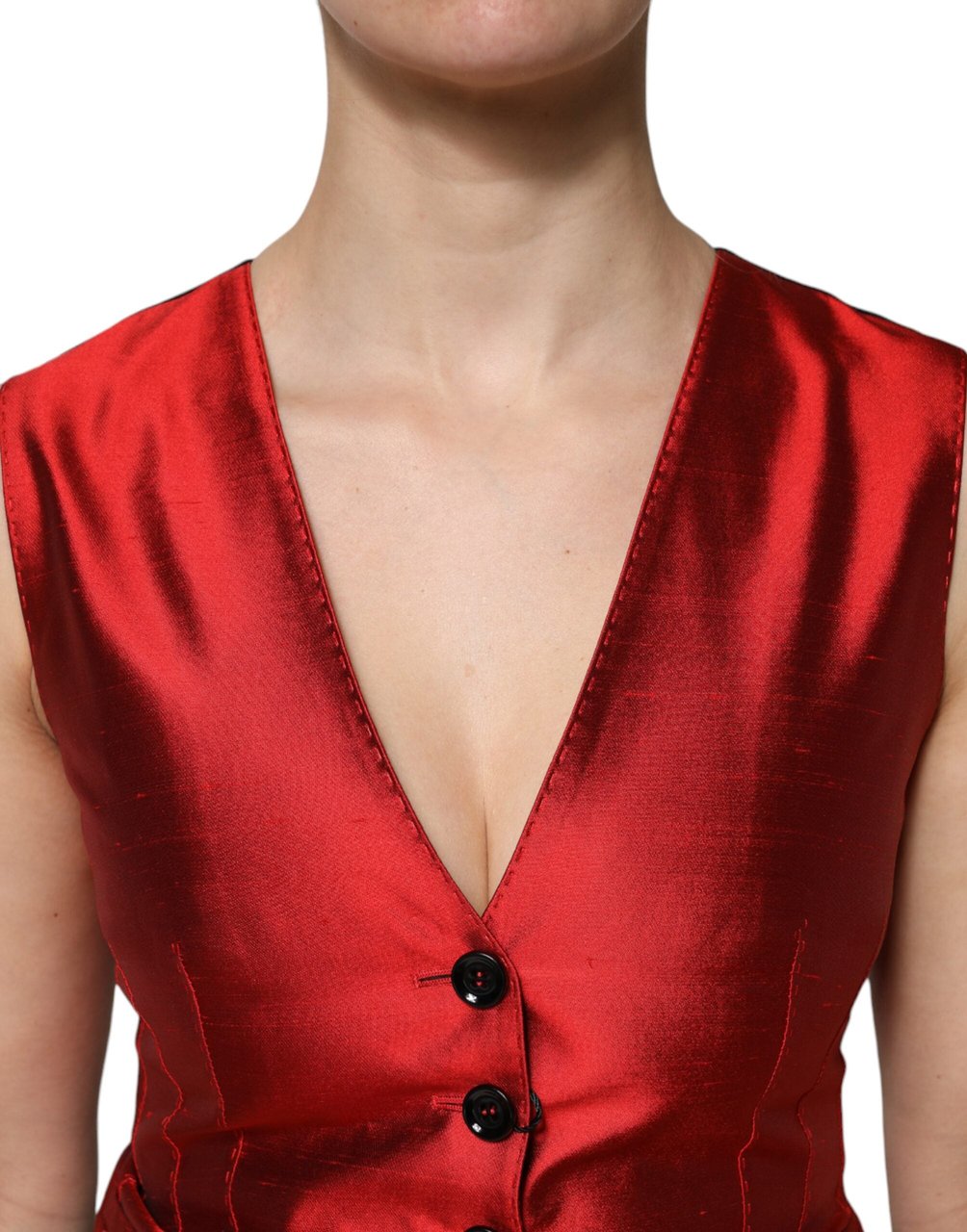 Dolce & Gabbana Red Black Button Down Sleeveless Vest Top Divers