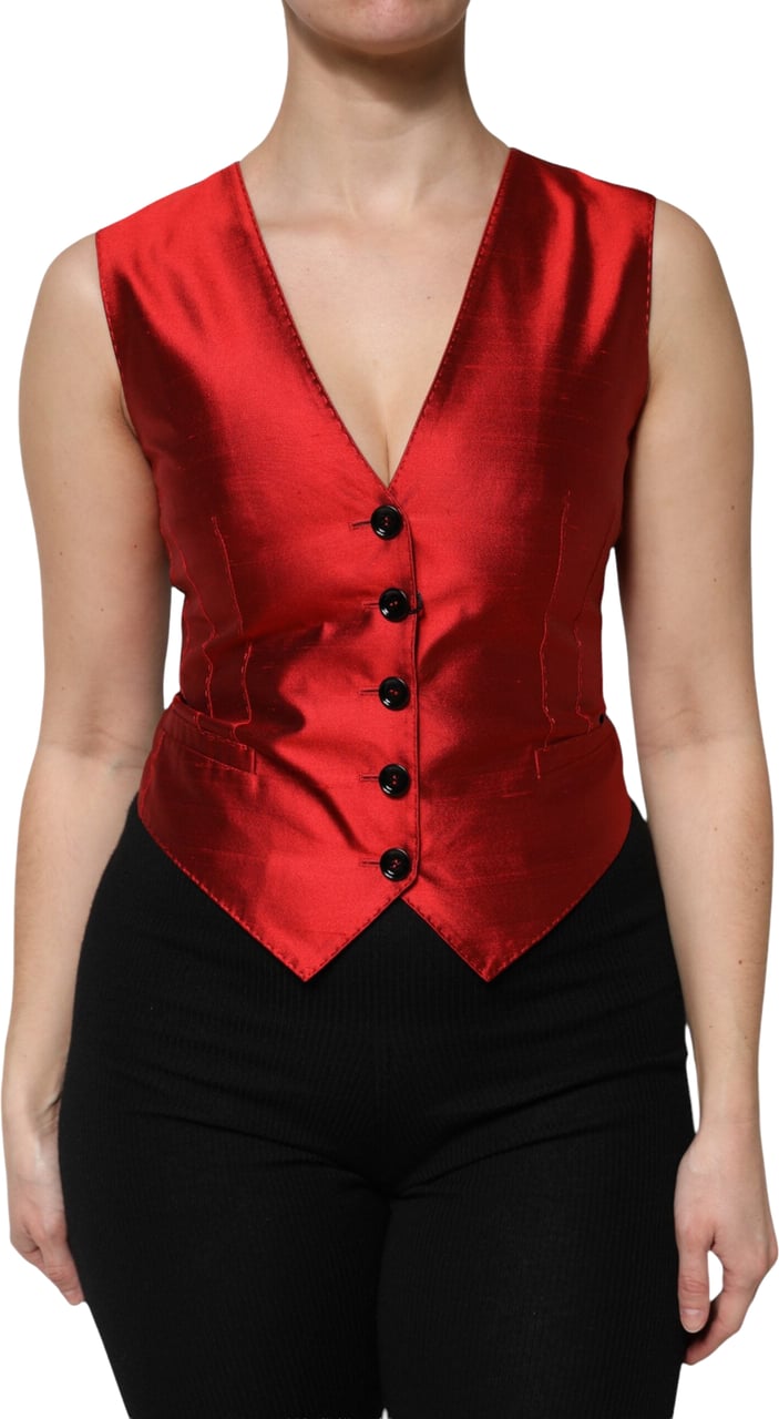 Dolce & Gabbana Red Black Button Down Sleeveless Vest Top Divers