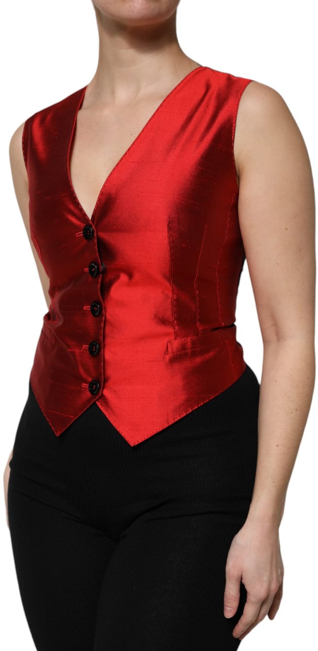 Dolce & Gabbana Red Black Button Down Sleeveless Vest Top Divers