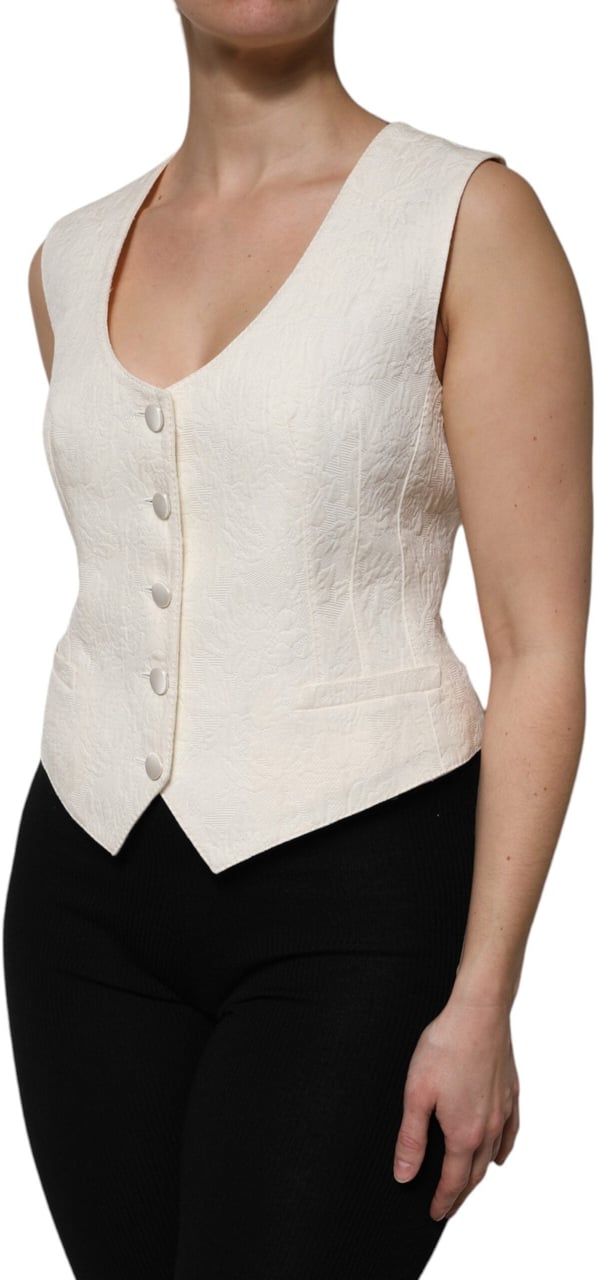 Dolce & Gabbana Ivory Cotton Button Down Sleeveless Vest Top Wit