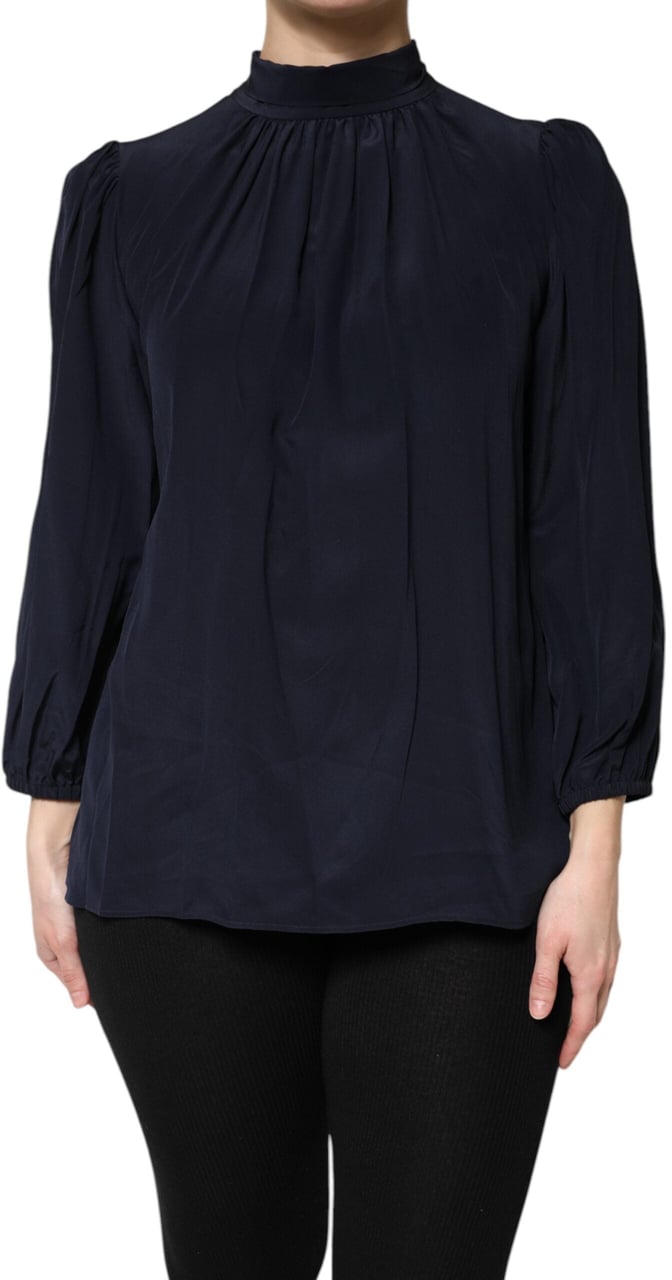 Dolce & Gabbana Blue Silk Mock Neck Long Sleeves Blouse Top Blauw