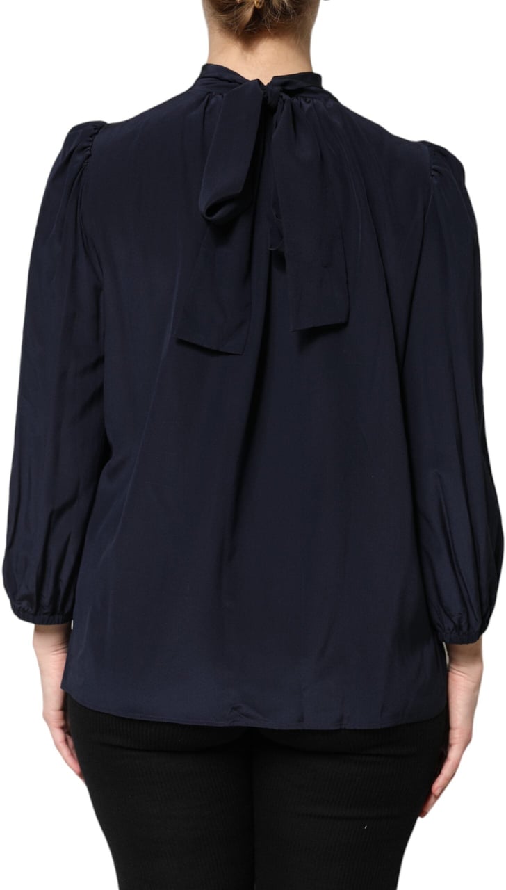 Dolce & Gabbana Blue Silk Mock Neck Long Sleeves Blouse Top Blauw