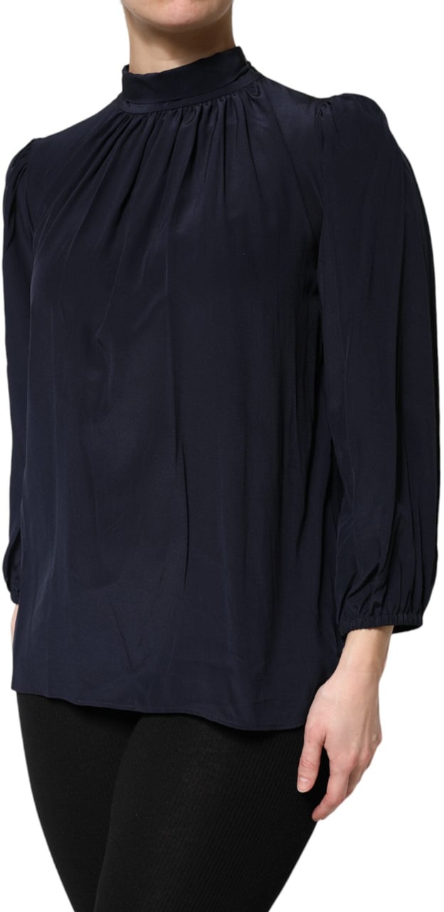 Dolce & Gabbana Blue Silk Mock Neck Long Sleeves Blouse Top Blauw