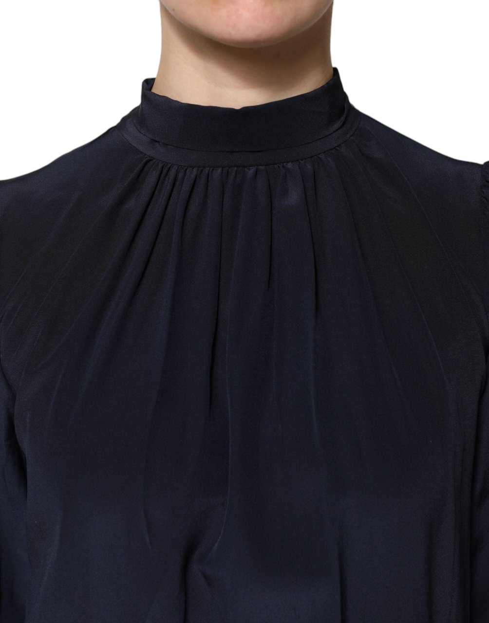 Dolce & Gabbana Blue Silk Mock Neck Long Sleeves Blouse Top Blauw