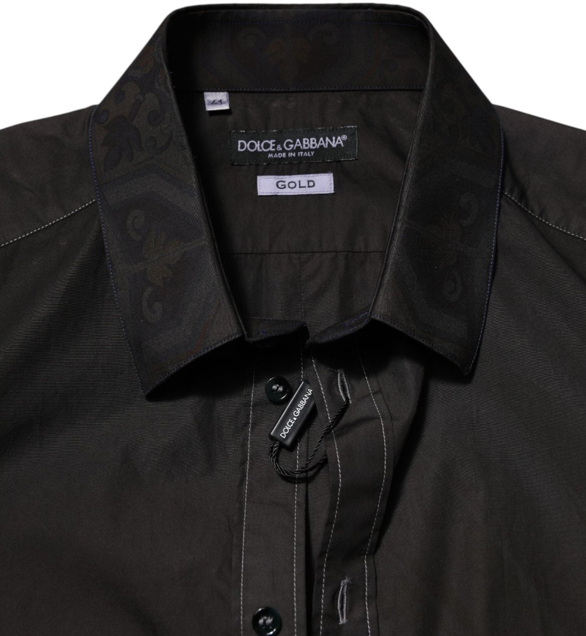 Dolce & Gabbana Black Cotton Jacquard GOLD Collar Dress Shirt Zwart
