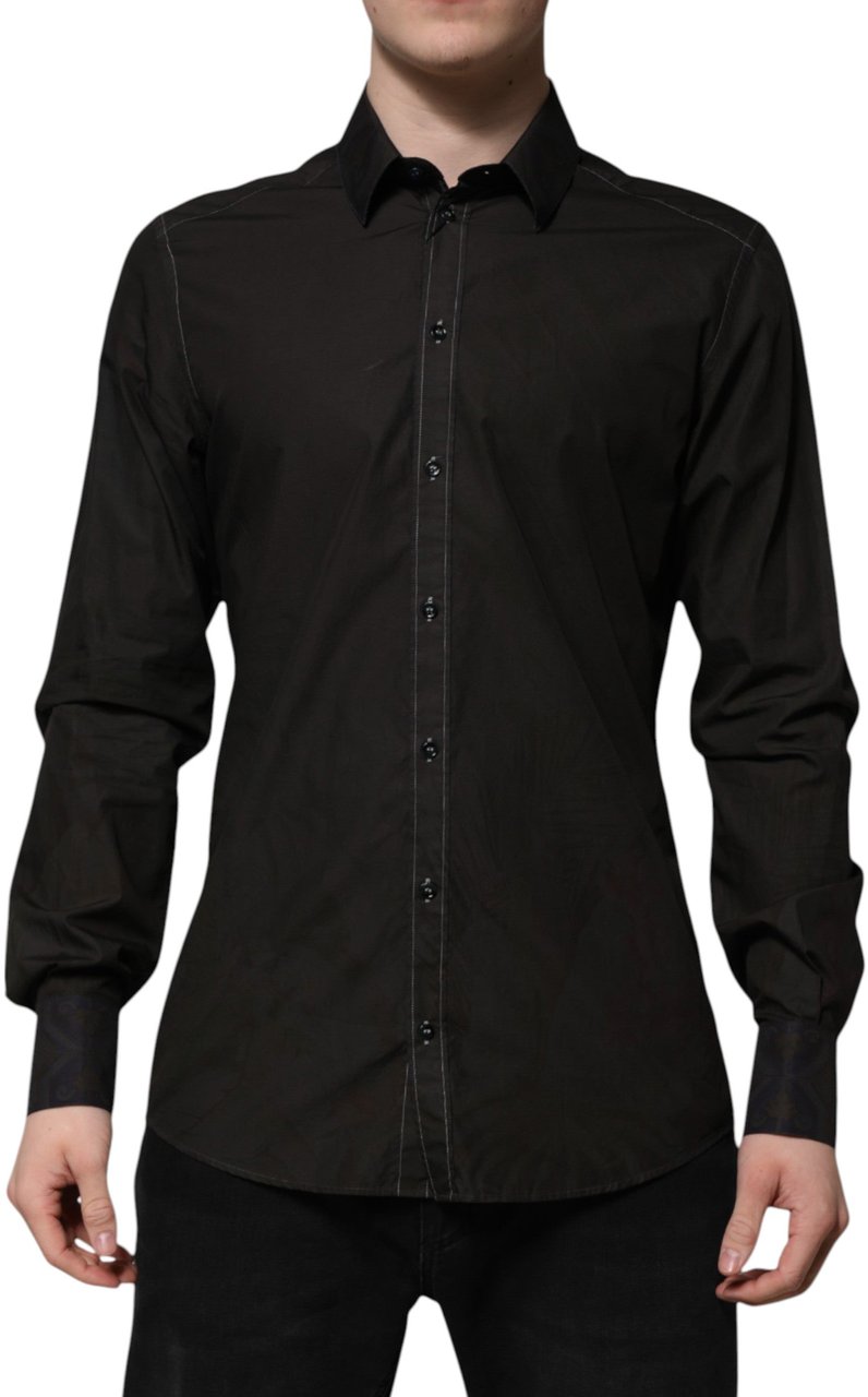 Dolce & Gabbana Black Cotton Jacquard GOLD Collar Dress Shirt Zwart