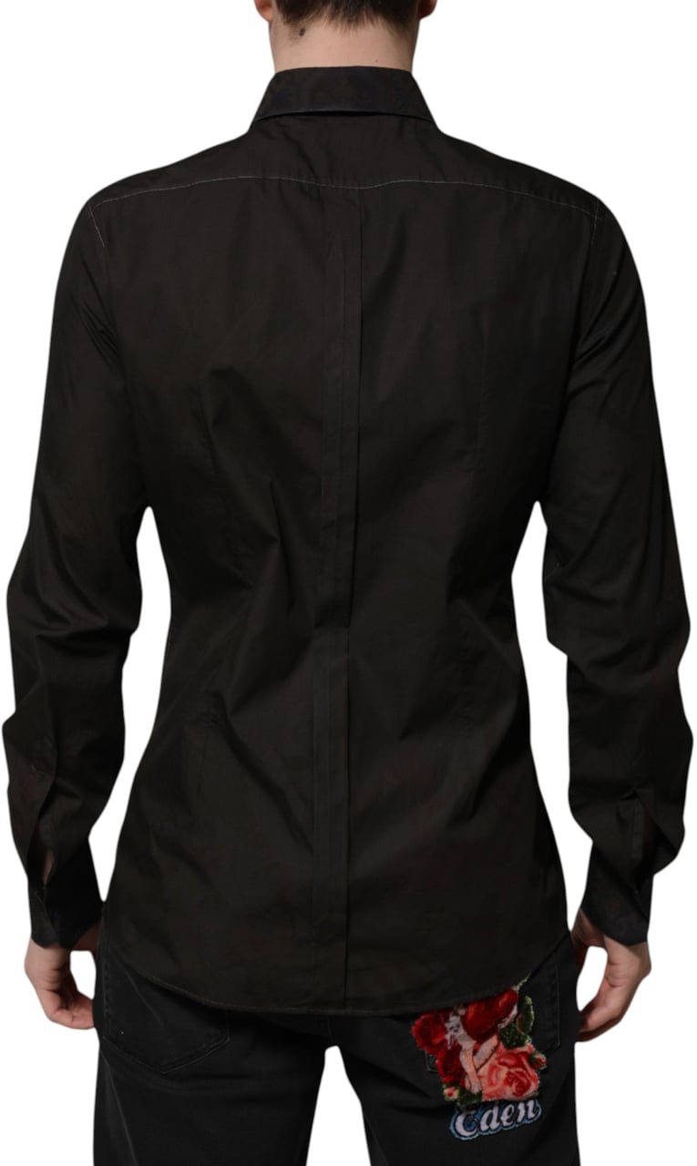 Dolce & Gabbana Black Cotton Jacquard GOLD Collar Dress Shirt Zwart