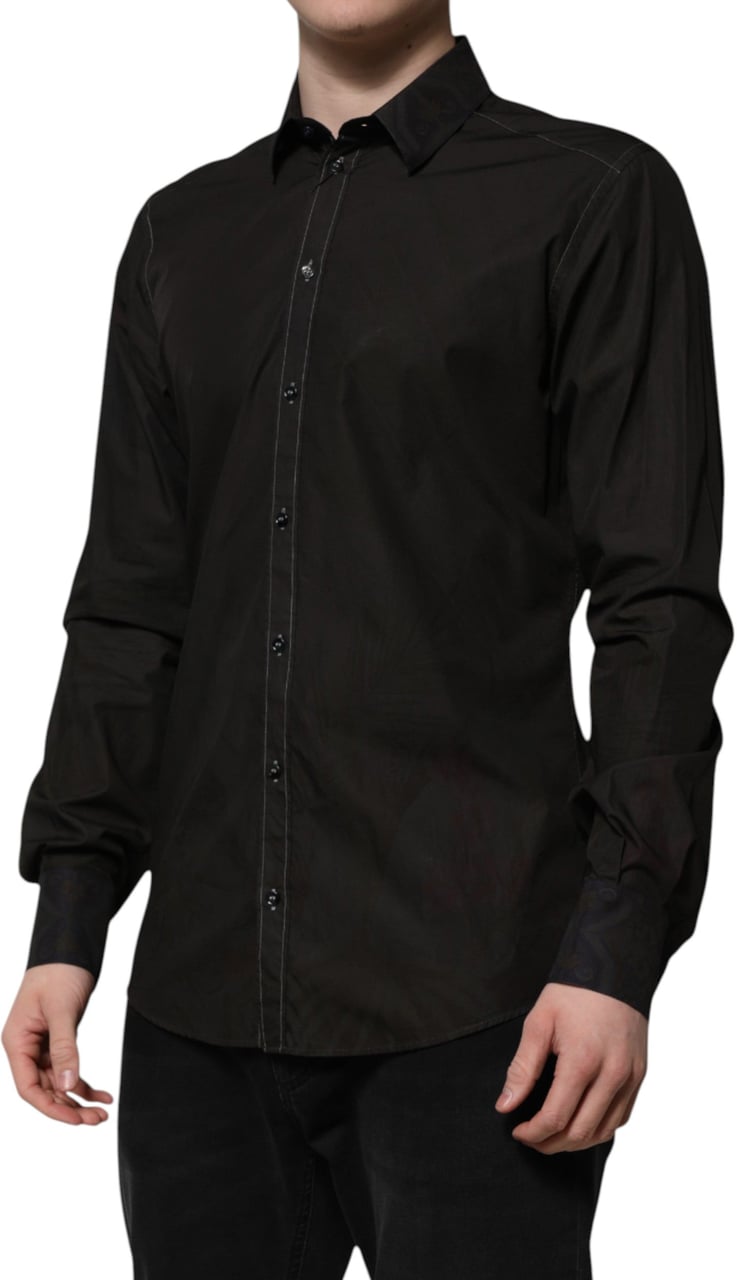 Dolce & Gabbana Black Cotton Jacquard GOLD Collar Dress Shirt Zwart