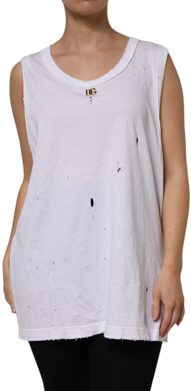 Dolce & Gabbana White Cotton Sleeveless Round Neck Tank Top Wit