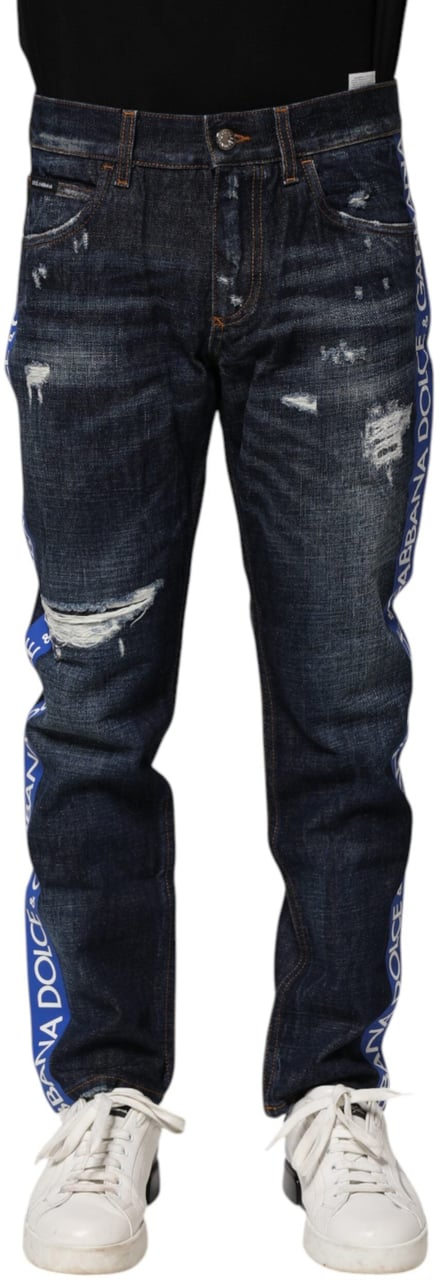 Dolce & Gabbana Dark Blue Tattered Skinny Denim Jeans Blauw