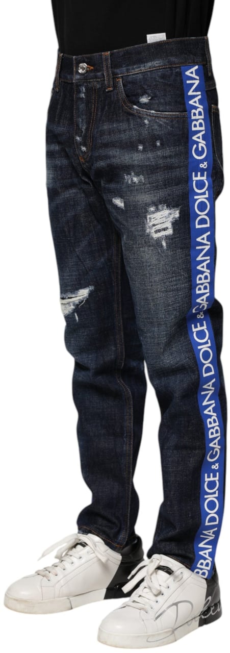 Dolce & Gabbana Dark Blue Tattered Skinny Denim Jeans Blauw