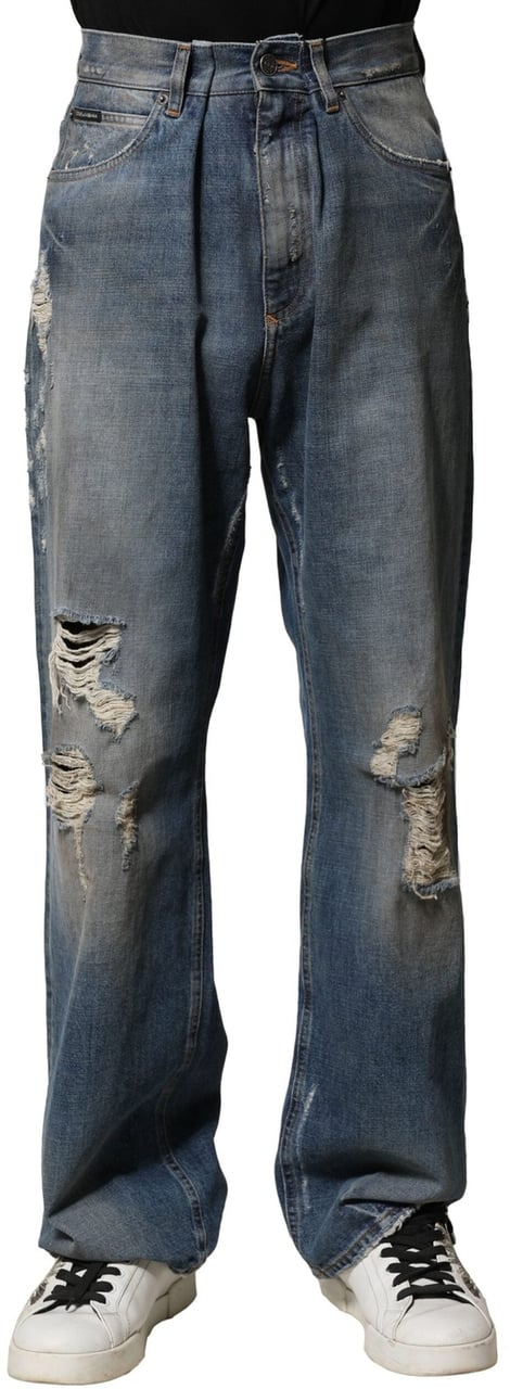 Dolce & Gabbana Blue Cotton Tattered Men Denim Jeans Blauw