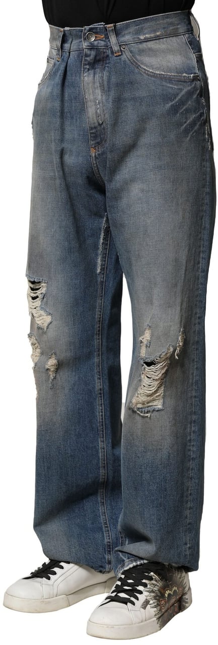Dolce & Gabbana Blue Cotton Tattered Men Denim Jeans Blauw