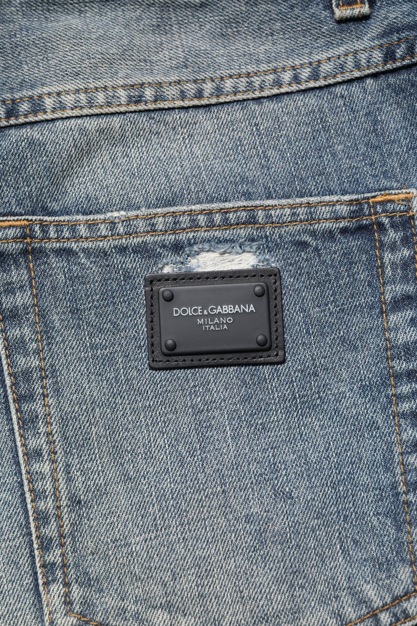 Dolce & Gabbana Blue Washed Tattered Straight Fit Denim Jeans Blauw
