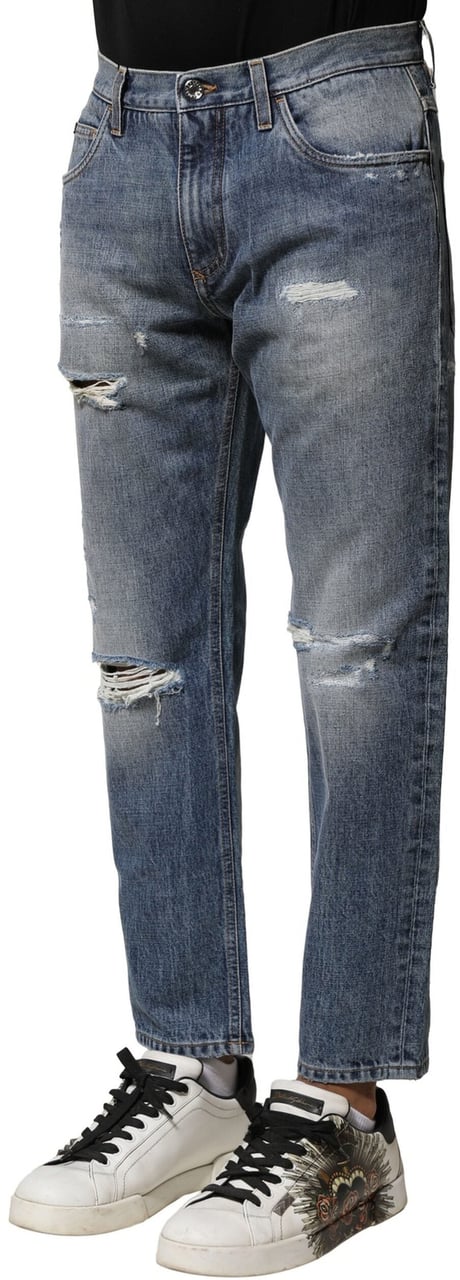 Dolce & Gabbana Blue Washed Tattered Straight Fit Denim Jeans Blauw