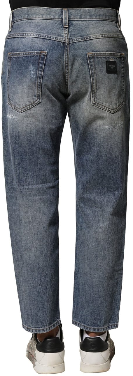 Dolce & Gabbana Blue Washed Tattered Straight Fit Denim Jeans Blauw