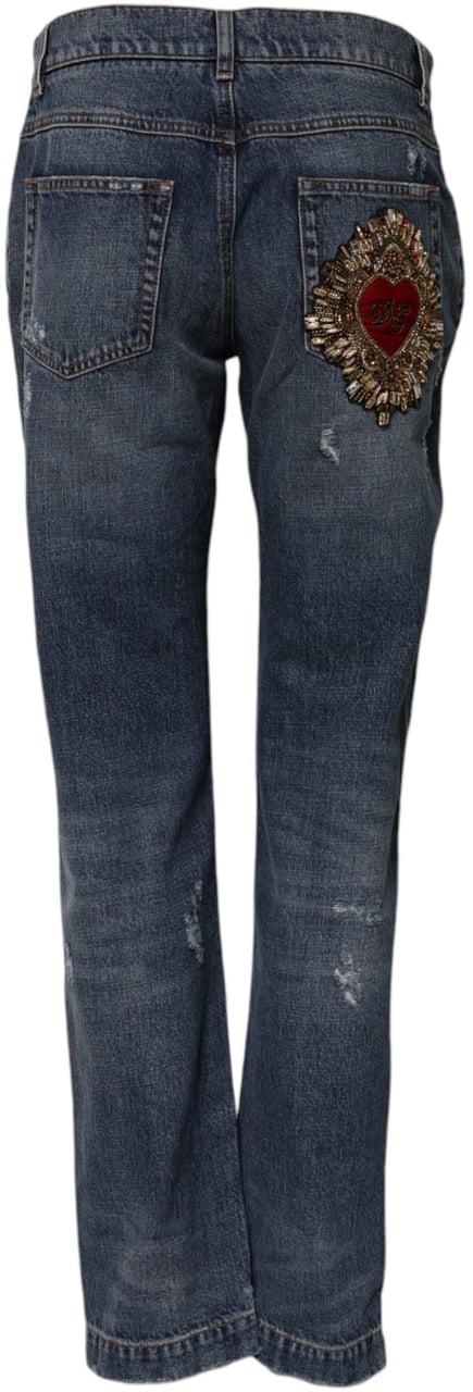 Dolce & Gabbana Blue Cotton Tattered Boyfriend Denim Jeans Blauw