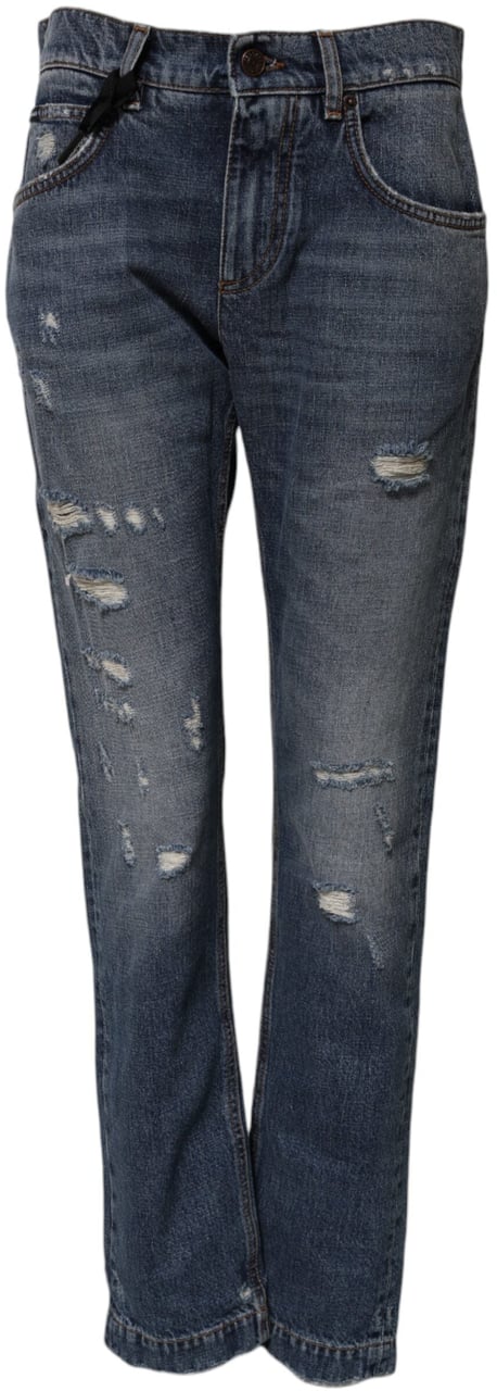 Dolce & Gabbana Blue Cotton Tattered Boyfriend Denim Jeans Blauw