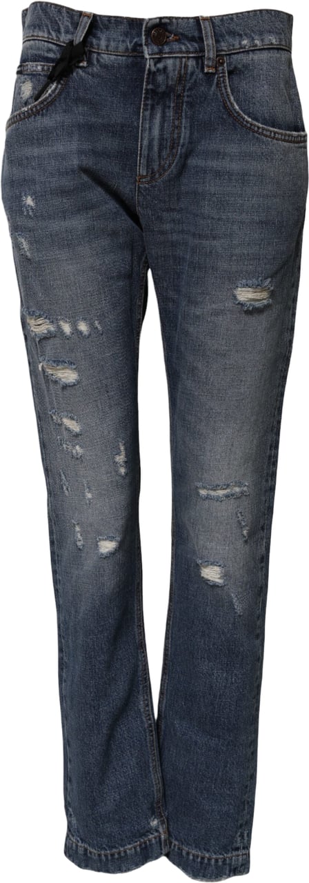 Dolce & Gabbana Blue Cotton Tattered Boyfriend Denim Jeans Blauw
