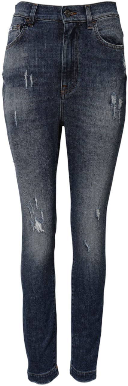 Dolce & Gabbana Blue Washed Cotton High Waisted Denim Jeans Blauw