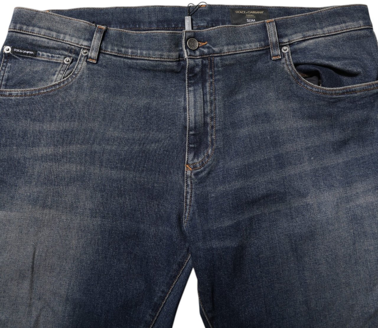 Dolce & Gabbana Blue Cotton Logo Plaque Slim Denim Jeans Divers