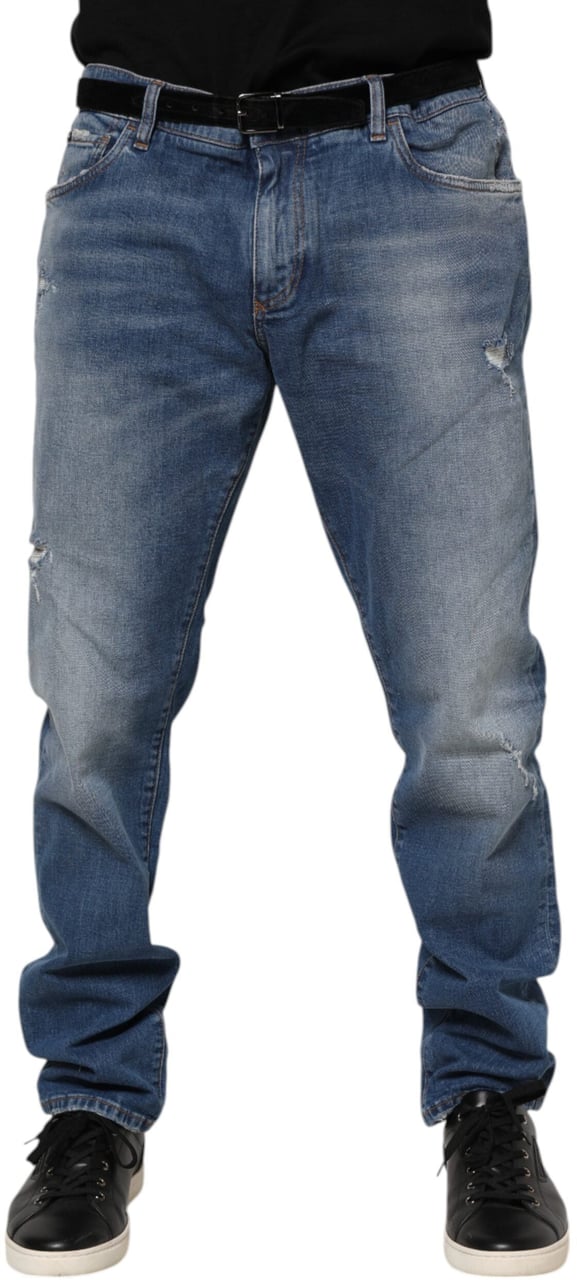 Dolce & Gabbana Blue Washed Cotton Logo Plaque Denim Jeans Grijs